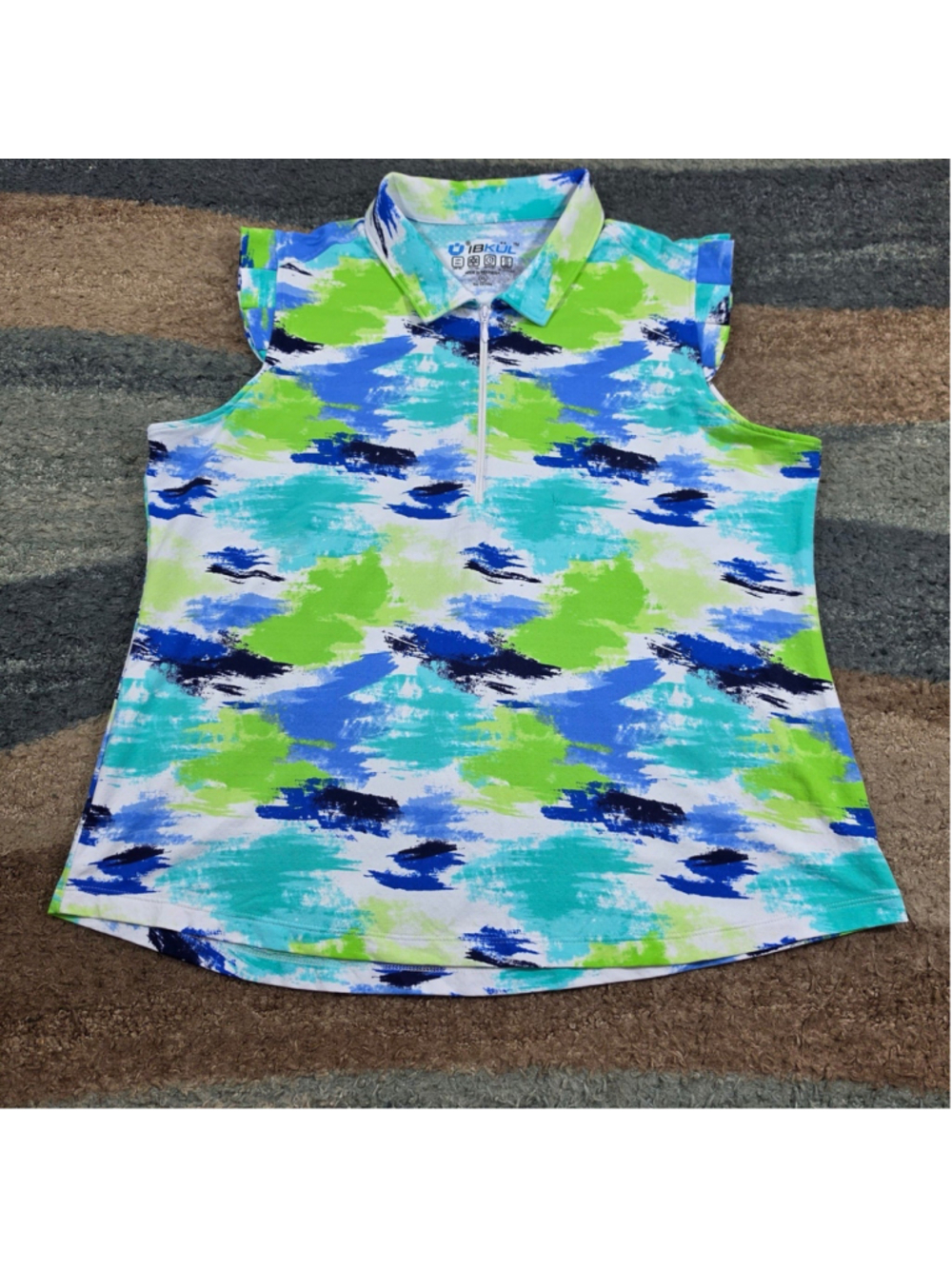 IBKUL Sleeveless Golf Polo Womens XL UPF 50+ Blue Green Abstract 1/4 Zip